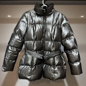 Lauren Ralph Lauren Womens M Gray Silver Belted Down Puffer Jacket Shiny thumbnail 1