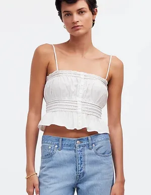 Madewell Smocked Button-Front Top in Poplin in Eyelet White Size Small NWT thumbnail 1