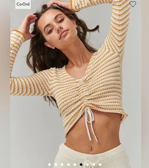Ghanda Cisco Long Sleeve Crop Top in Natural Stripe, Size Extra Small thumbnail 1