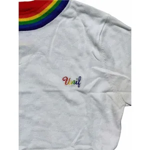 UNIF Rainbow Trim Cropped Tee Women’s Small White Embroidered Logo Y2K Festival thumbnail 5