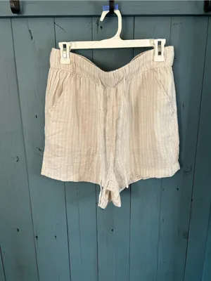 Time and Tru Cream Striped High Waist Linen Blend Drawstring Shorts. | Medium thumbnail 2