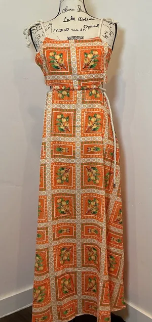 Unbranded Maxi Dress Orange Lemon Print Rope Straps Cut Out Back Small thumbnail 1