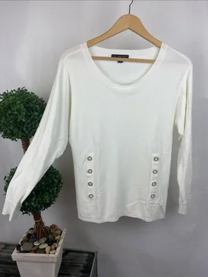 INC White Long Sleeve Knit Sequins Grommet Trim Tunic Top M thumbnail 2