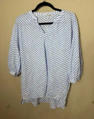 Nordstrom CASLON Blue & White Stripe Balloon Sleeve Blouse Top Size Medium thumbnail 1