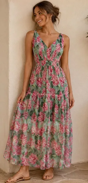 Lapis Womens‎ Floral Pleated Mesh Maxi Dress Pink Green Smocked Waist Medium thumbnail 1