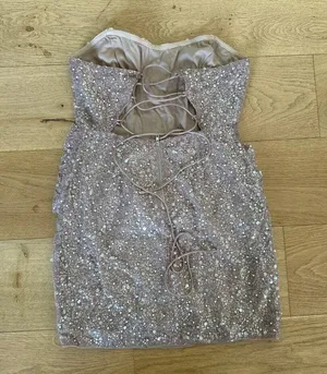 Lulu’s - Vivacious Lace Up Strapless Sparkly Mini Dress in Champagne thumbnail 3
