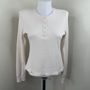 Loveshackfancy Thelia Waffle Knit Henley Top Cream Nude Color Sz XS thumbnail 2