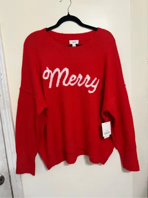 CeCe Merry Christmas Sweater Red White Holiday Pullover NWT Size L thumbnail 2