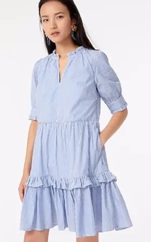 J.Crew Ruffleneck Tiered Popover Dress in Stripe Blue White Small thumbnail 1