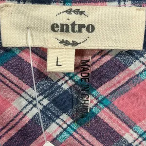Entro Pink Navy Plaid Button Down Shirt Crochet Lace Frayed Hem‎ T6382 Large thumbnail 4