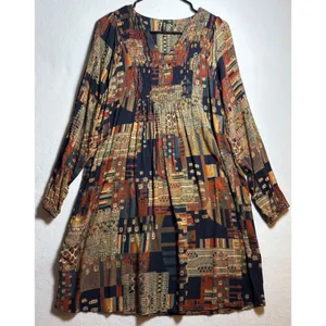 ETHYL Boho Patchwork Geometric Smocked V-Neck Rayon Mini Dress H2507D1-SWANK thumbnail 3