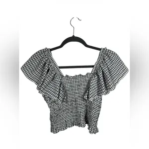 Maeve Anthropologie Smocked‎ Gingham Crop Top Women’s Small White Off Shoulder thumbnail 4