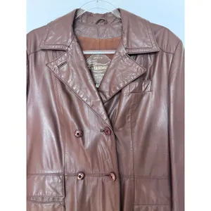 1970s The Tannery For Montgomery Ward Brown Leather Trench Coat M Long Coat thumbnail 12