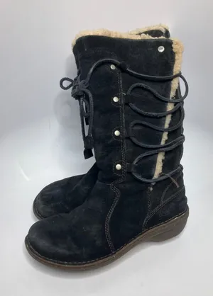 UGG Sunburst Tall Boots Womens 7 Black Good Suede Sheepskin Lace Up 5153 thumbnail 1
