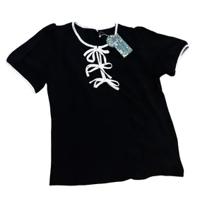 Black Short Sleeve Tee with White Trim and Bow Tie Detail thumbnail 1