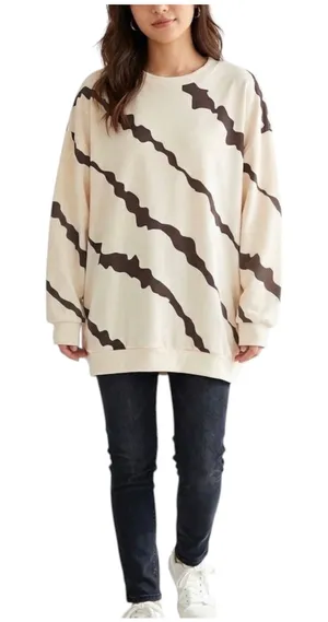 Shein Diagonal Striped Oversized Sweatshirt Brown Cream S Abstract thumbnail 1
