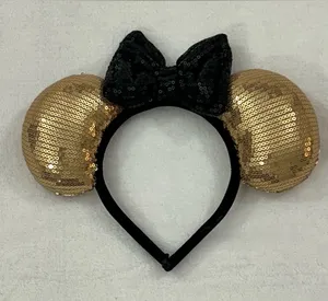 Glamorous Gold & Black Bow Sequin Minnie Mouse Disney Ears Headband thumbnail 1