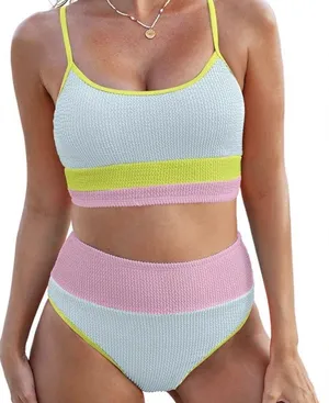 NWOT Women’s Colorblock High-Waist Bikini Set - Pastel Pink, Light Blue & Lime thumbnail 1
