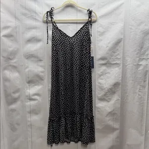 Modcloth Black Polka Dot It's a Go Tie Shoulder V Neck Ruffle Hem Midi Dress thumbnail 4