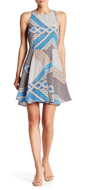 Yumi Kim Dress Womens Medium Blue‎ Geometric Mosaic Silk Fit Flare DR-1464 Mini thumbnail 1