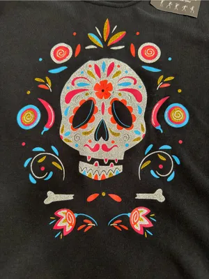 Black Crewneck Sweatshirt with Colorful Sugar Skull Graphic over size thumbnail 3