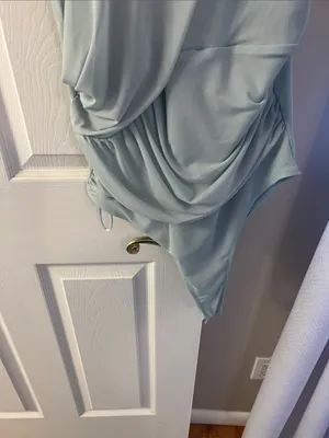 ZARA One-Shoulder Draped Bodysuit in light blue thumbnail 4