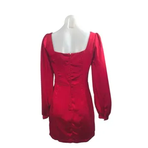 Lulus Women Red Silk Satin Long Puff Sleeve Square Neck Mini Sheath Dress Size S thumbnail 2