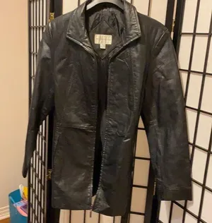 Black leather jacket zip up the front with a belt thumbnail 1