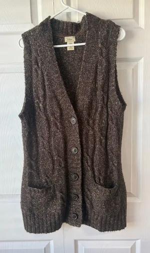 L.L. Bean Brown Cable-Knit Sleeveless Button Cardigan Vest thumbnail 1