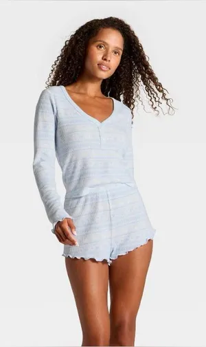 Wild Fable Waffle Long Sleeve Top and Shorts Pajama Set in Fair Isle Blue Bunny thumbnail 1