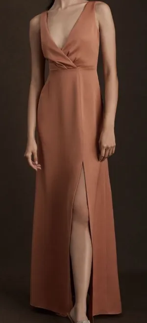 Anthropologie BHLDN Piper V-Neck Side Slit Satin Gown Dress in Sedona US 6 thumbnail 1