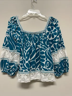 Rachel Zoe Teal Printed Peasant Linen Top with Lace Trim 3/4 Sleeves size L thumbnail 6