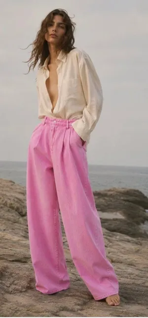 NWT AVEC LES FILLES High Waist Wide Leg Jeans Bubble Gum Pink pleated SZ-28 thumbnail 1