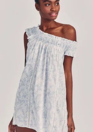 LOVESHACKFANCY Finchley Smocked Mini Dress Blouse Size Petite in Slate Blue NWT thumbnail 3