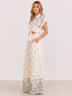 Cream Printed Wide-Leg Two-Piece Pant Set Large thumbnail 3