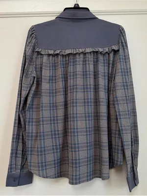 in february Moonlight Blue Plaid Mixed Media Ruffle Yoke Cotton Top Size M NWT thumbnail 7