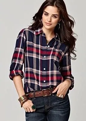 NEW Lucky Brand Navy Blue Plaid Button Up Shirt thumbnail 1