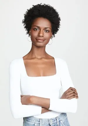 - 3/4 Sleeve Square Eyes Thong Bodysuit, white, size small thumbnail 1