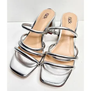 Nordstrom Rack Silver Metallic Strappy Square Toe Block Heel Sandals‎ Size 6 thumbnail 3