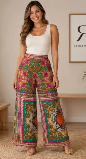 Flying Tomato Womens Wide Leg Palazzo Pants Baroque Scarf Print Multi M IP4907 thumbnail 1