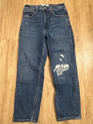 Abercrombie & Fitch Dark Blue High-Rise Straight Jeans with Distressing thumbnail 1