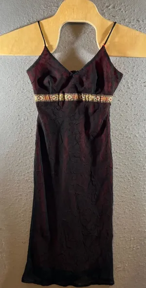 1317 | Vintage 90s Grunge‎ Crinkle Mesh Midi Dress Whimsigoth Red Black Womens S thumbnail 1