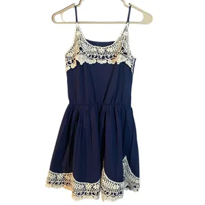 Navy Blue & Lace Embroidered Applique Sleeveless Fit & Flare Dress Women Sz S thumbnail 10
