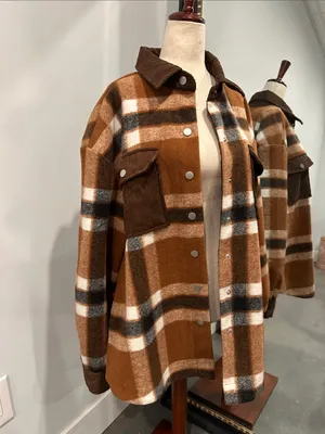 Magnolia BoutiqueBrown Plaid Utility Shacket with Corduroy Accents thumbnail 2