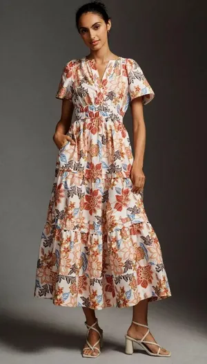 NWT Anthropologie Maeve Somerset Maxi in Botanical Floral Print Cotton Dress XS thumbnail 1