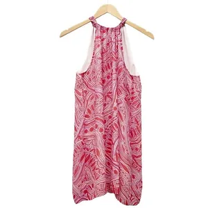Trina Turk Dress 100% Silk Halter A-Line Mini Red Pink Tribal Print Size Medium thumbnail 2
