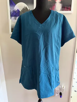 Greys Anatomy by Barco Women XL Teal Blue V-Neck Scrub Top Short Sleeve Pockets Size XL thumbnail 1