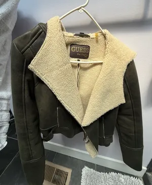 GUESS Olive Green Suede-Look Sherpa Moto Jacket with Cream Lining thumbnail 1