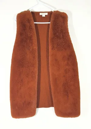 Liz Claiborne Faux Fur Vest Women L Rust Brown Knit Back Open‎ Front Aspen Vibe thumbnail 1
