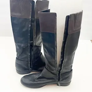 RALPH LAUREN Sulita Leather Black Brown Harness Zipper Knee High Riding Boots 7 thumbnail 3
